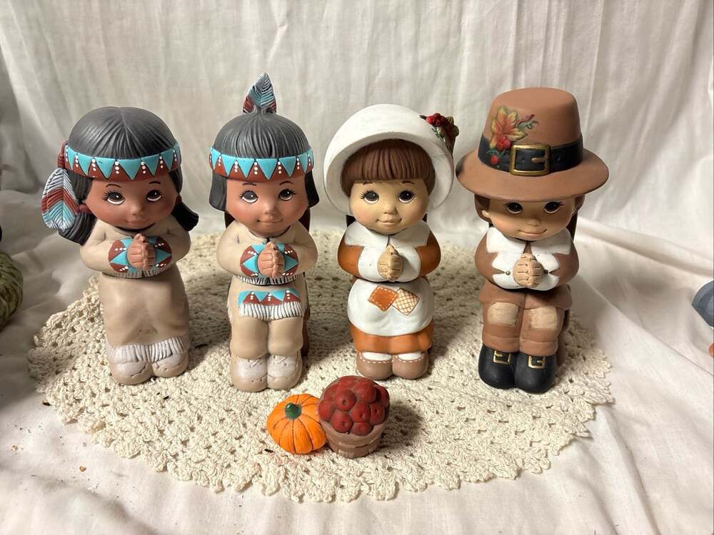 Vintage Thanksgiving Ceramic Figurine Set Pilgrim and Native American Children